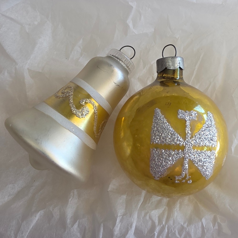 2 VTG‎ Mercury Glass Yellow Silver Ornaments Butterfly Ball & West Germany Bell